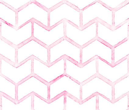 Chevron with pink outline on white background. Watercolor seamless pattern for fabric