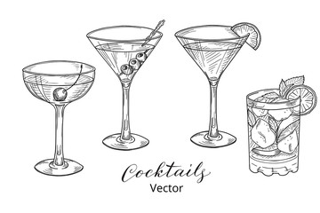 Hand drawn set of alcoholic cocktails