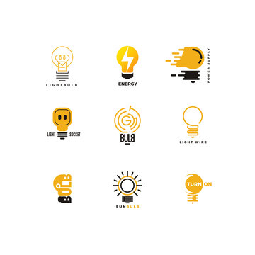 Set of bulb logo. Outline and flat. Power feed and energy supply. Bright ideas, creative thoughts. Vector design template