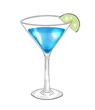Hand drawn cocktail in martini glass with lime