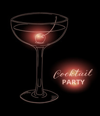 Hand drawn cocktail with cherry against dark background