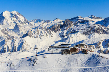 View of snow covered Courchevel slope in French Alps