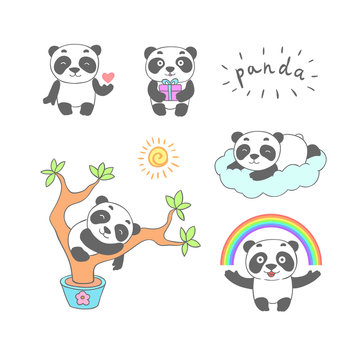 Set of cartoon doodle panda bear, isolated images for little kids. 