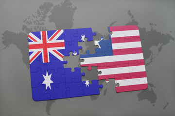 puzzle with the national flag of australia and liberia on a world map background.