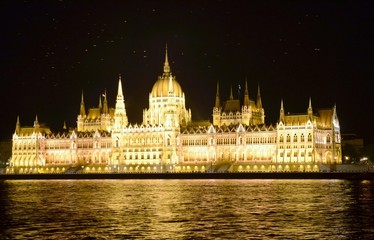 Fototapeta premium Illumination du parlement Hongrois et vols oiseaux, Budapest la nuit