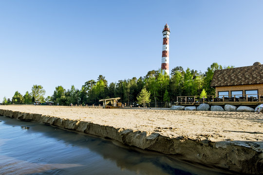 Views Osinovetskiy lighthouse on the shore of lake Ladoga. Russi