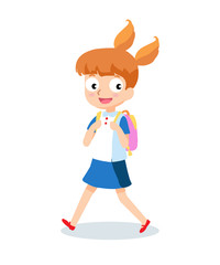 School girl goes to school with backpack cartoon character isolated on white background.