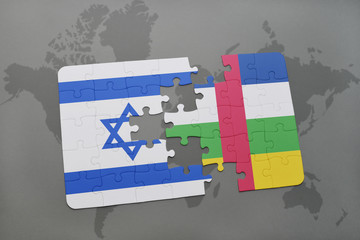 puzzle with the national flag of israel and central african republic on a world map background.