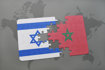 puzzle with the national flag of israel and morocco on a world map background.