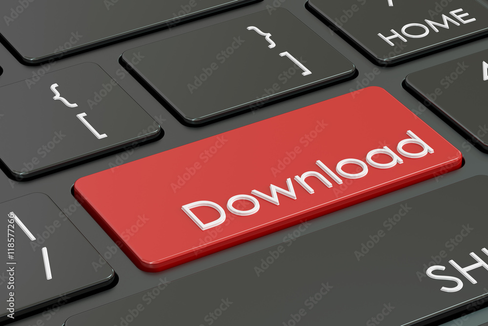 Poster download button, red hot key on keyboard. 3d rendering