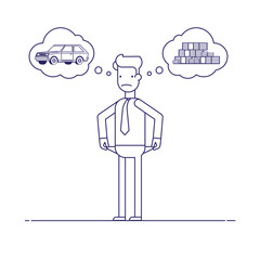 Businessman with no money, bankrupt. Man dreams of a car. The manager thinks about the financial issue. Poor man. Character in flat style. Thin line vector illustration isolated on a blue background.