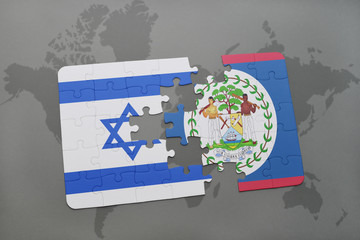 puzzle with the national flag of israel and belize on a world map background.