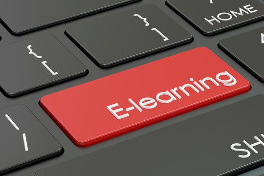 e-learning, red hot key on  the keyboard , 3D rendering