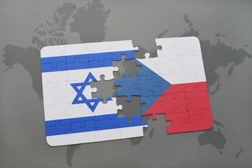 puzzle with the national flag of israel and czech republic on a world map background.