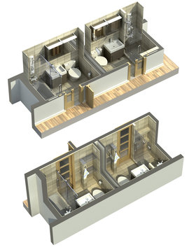 3D Illustration of double bathrooms in an isometric view, shown to cover all four corners.