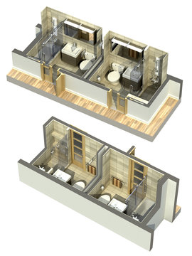 3D Illustration of double bathrooms in an isometric view, shown to cover all four corners.