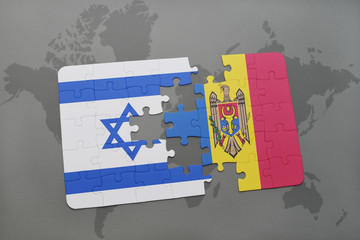 puzzle with the national flag of israel and moldova on a world map background.