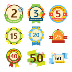 Birthday badge banner design flat background set. Happy birthday badges celebration design emblem set. Anniversary card happy birthday badges birth date paper sticker vector symbol.