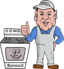 Oven Cleaner With Oven Thumbs Up Cartoon