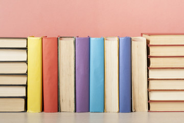 Stack of colorful books. Education background. Back to school. Copy space for text.