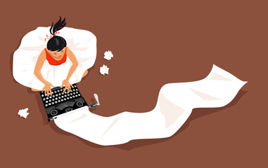 Young woman sitting on a floor and typing on a vintage typewriting, long list of paper coming out of it, EPS 8 vector illustration, no transparencies