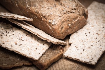 Dietary healthy bread with low glycemic index baked at home. Photo taken with the depth of field.
