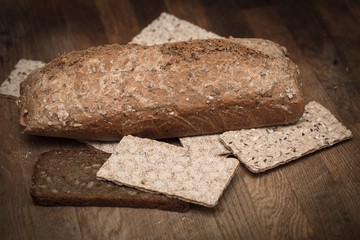 Dietary healthy bread with low glycemic index baked at home. Photo taken with the depth of field.