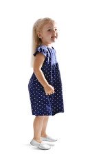 Funny little girl dancing on white background