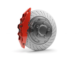 Brake Disc and Red Calliper from a Racing Car isolated on white