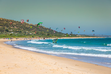Tarifa,Spain-May 15,2015:kites flying over Tarifa beach