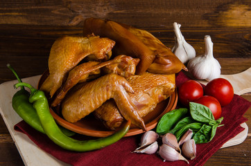 Grilled chicken set with vegetables on wood