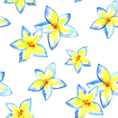 Seamless watercolor hand painted background, pattern. Isolated blue flowers.