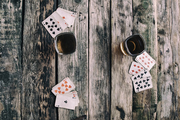 Old wooden table to play cards from above