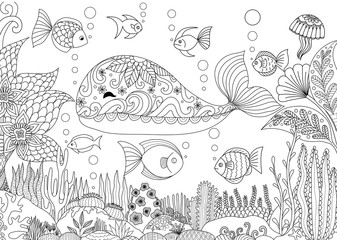 Naklejka premium Projekt Doodles małego wieloryba pod morzem z pięknymi koralowcami dla dorosłych kolorowanka - wektor