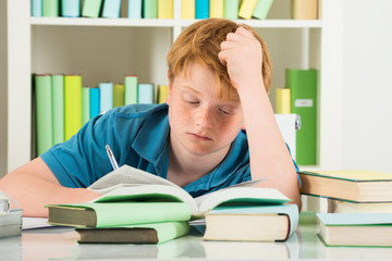 Exhausted Boy Studying In Library