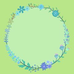 Combination of different flowers vector forming 

circle frame wreath in blue green theme background.