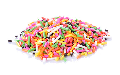 Colorful candy sprinkles on white background
