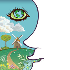 Eco style life. Abstract human face. Windmill in the field. Natural landscape with flowers, tree, cloud and blue sky. Ecology design concept for earth day.