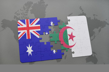 puzzle with the national flag of australia and algeria on a world map background.