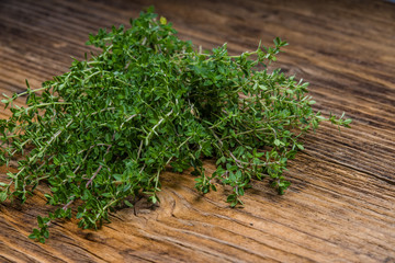Bundle of fresh thyme on a table