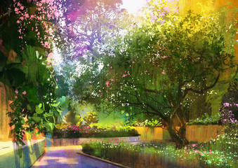 Obraz premium pathway in a peaceful green park,illustration,landscape painting