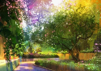 Tuinposter pathway in a peaceful green park,illustration,landscape painting © grandfailure