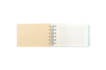 Closeup surface brown note book with line in white blank page isolated on white background with copy space