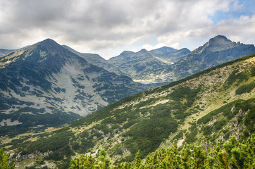 Fototapeta na wymiar Bulgarian mountain Pirin.Panorama view of green Pirin mountain range in south Bulgaria during summer.
