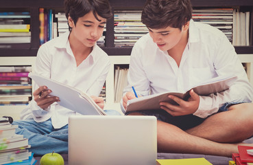 Two schoolboys in the library