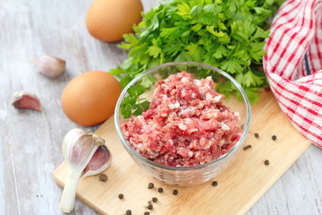 Raw minced beef in a bowl