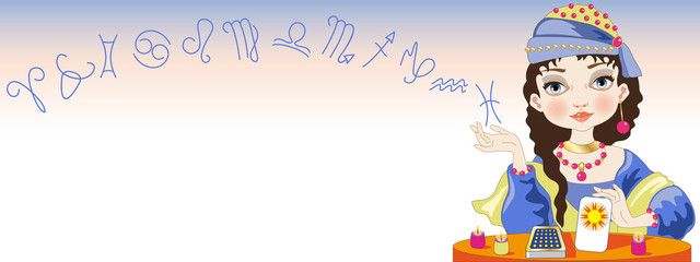 Sfondo Intestazione con Cartomante e Segni Zodiacali