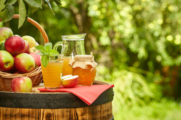 Basket of apples on background orchard standing on a barrel. App