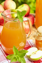 Organic apple juice on barrel against garden background