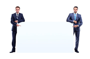 two business man showing blank banner on white background